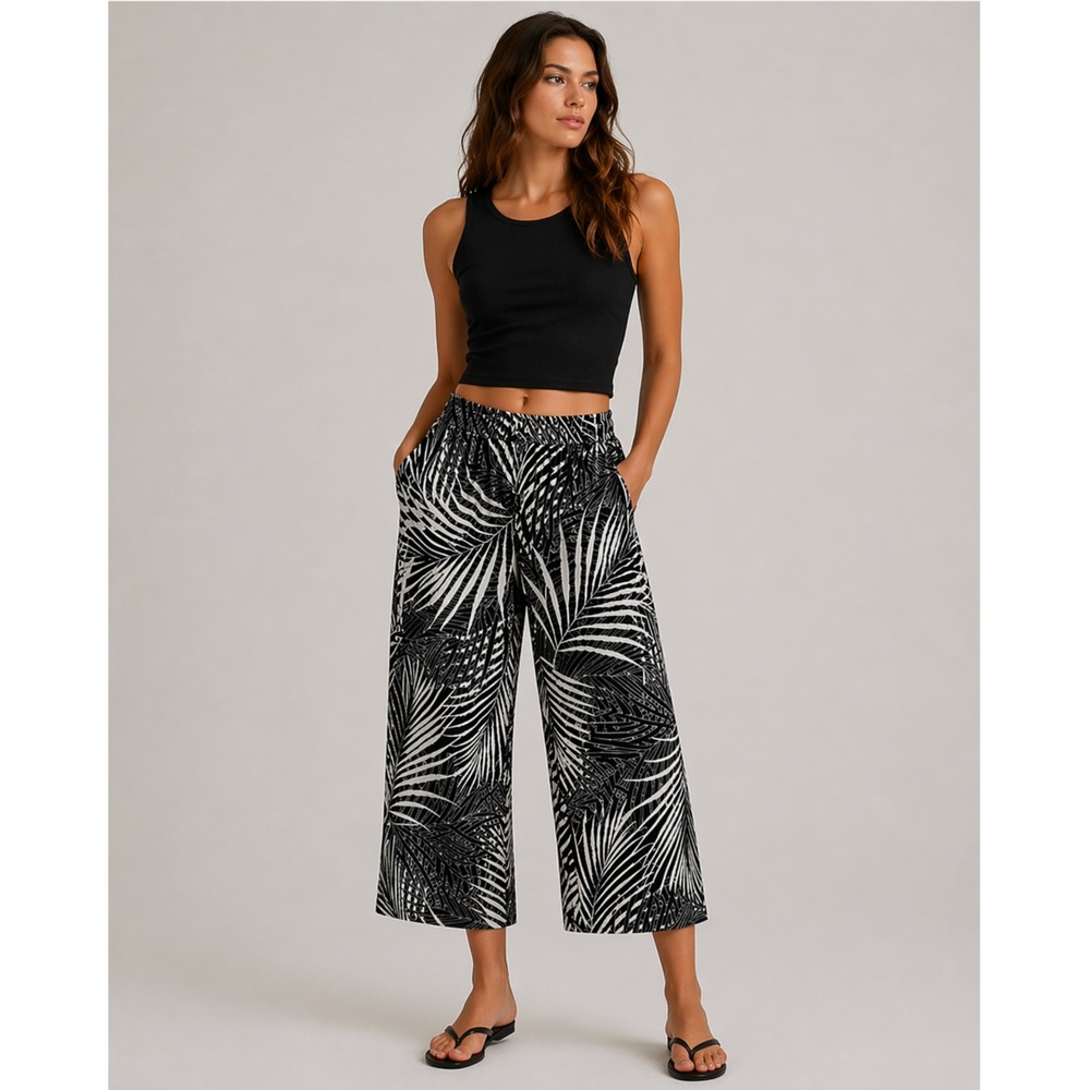Panama Jack Wide Leg Tropical Pants Sz Large Black White Linen Coastal Hawaiian